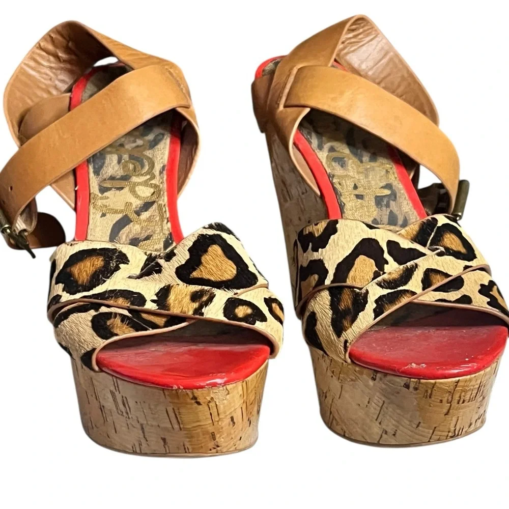 Sam Edelman Leopard Print Cork Wedge Sandals Size 8.5, 4” Heel